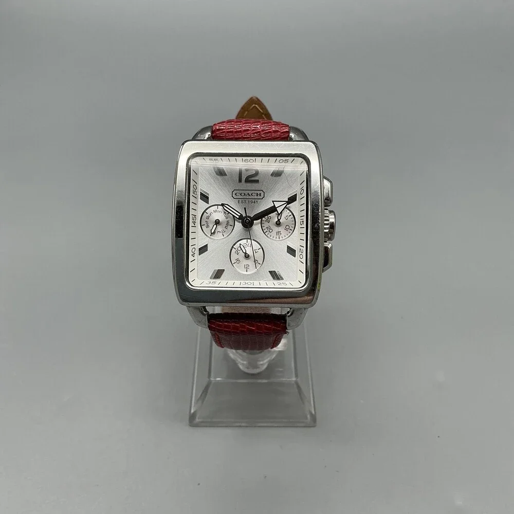 Coach Boyfriend Square Womens Watch 32mm Silver Dial Red Leather New Battery